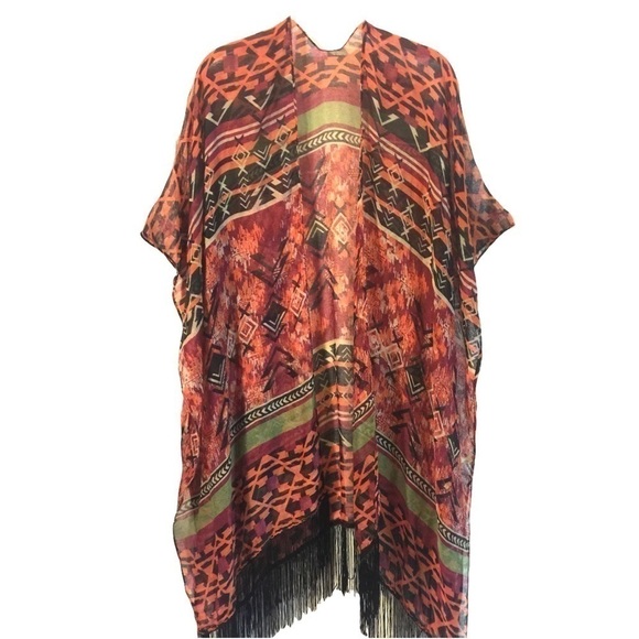 SWIM sheer cover/shawl/scarf fringed in southwest print OS - Picture 1 of 7
